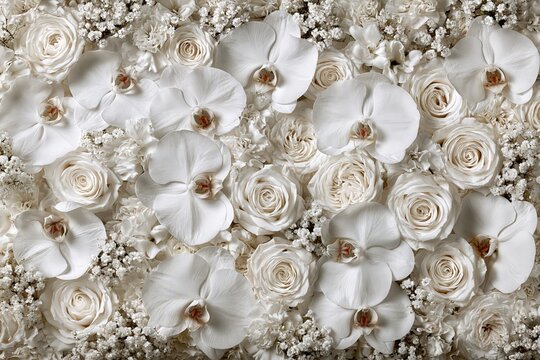 White flower wall background with roses and orchids for elegant decor