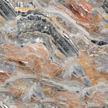 Polished orange and grey marble slab with swirling veins
