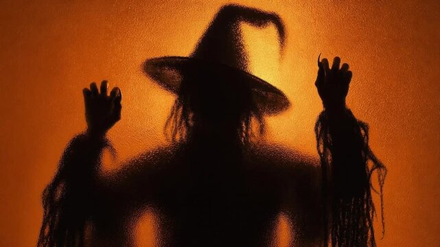 Silhouette of a Creepy Witch with Long Claws Behind Frosted Glass Surface on Orange Background, Perfect for Spooky Holiday Celebration