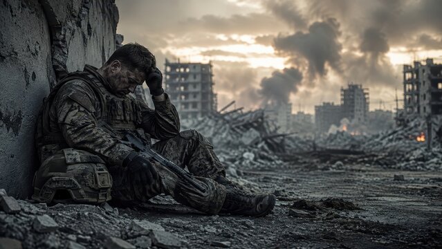 Exhausted soldier sitting among destroyed city ruins, expressing combat fatigue, emotional burnout, grief, sadness and despair.