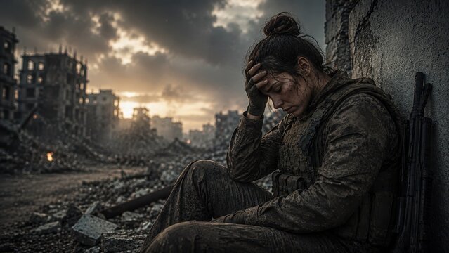 Exhausted Female Soldier in War Ruins Symbolizing Combat Fatigue Burnout Grief and Despair