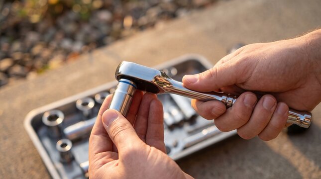 Close-up of hands holding ratchet wrench to attach socket for repair work