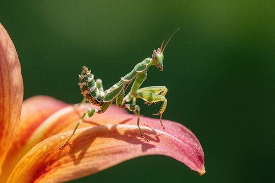 Green flower mantis rests on vivid pink and orange lily petal. Insect waits for prey on blossom with water drops. Macro shot shows insect details in nature.