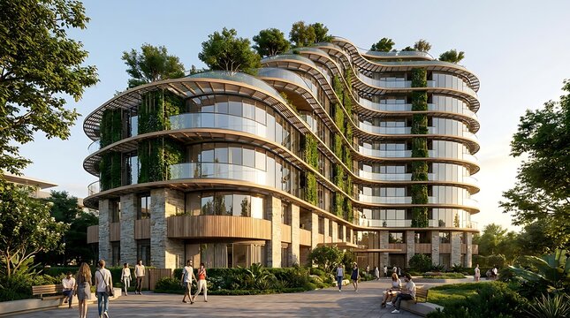 Modern sustainable architecture with lush vertical gardens and organic rooftop greenery creating a harmonious blend with nature
