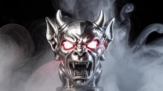 Silver Demon Head with Horns and Glowing Red Eyes in White Smoke, Halloween Horror Decoration or Spooky Concept