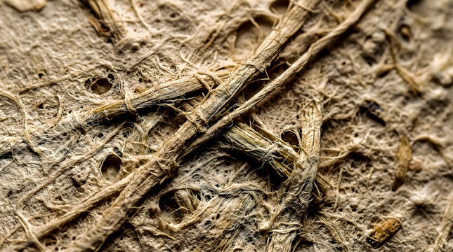 A close up photograph showcases the fibrous texture and interwoven strands of handmade paper material strand craft cellulose pulp