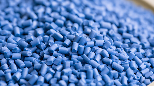 Close up shot of blue plastic polymer resin pellets in bulk macro view, raw material for injection molding process in industrial factory