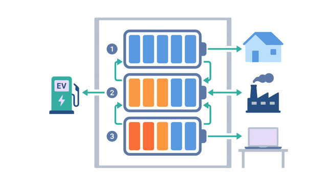 Energy storage system diagram showing battery charging and power distribution to electric vehicles homes and industries. EPS Editable