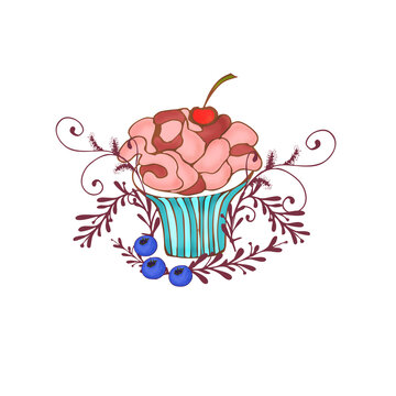 Cupcake with berries composition on light beige rough textured background
