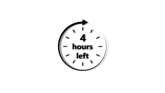 Clock 4 hour's icon black color animation. 4 hour countdown timer white background 4k video.