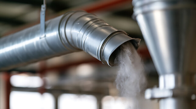 Industrial ventilation system with metal duct and exhaust pipe releasing particulate matter inside a manufacturing plant facility production room