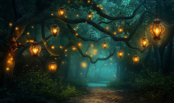 Enchanted green forest path illuminated by glowing hanging lanterns and fog
