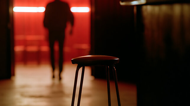 A single bar stool in the foreground with a silhouetted man walking away in a dimly lit red neon room interior scene, mysterious mood