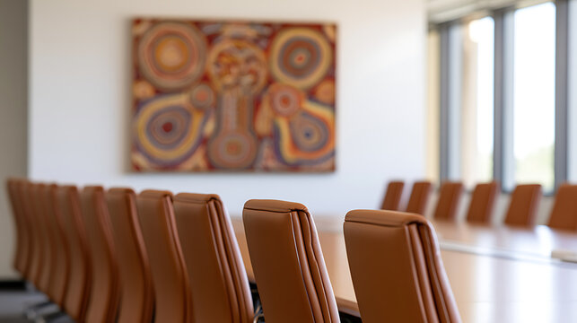 Modern corporate boardroom interior with rows of comfortable brown leather chairs and a long wooden conference table for business meetings