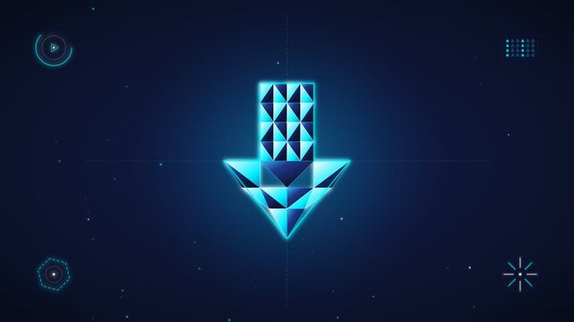 Futuristic glowing blue digital arrow pointing down on dark abstract background