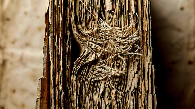 A weathered decaying book spine with exposed fibers and torn pages presents a detailed texture aged antique bookbinding bookworm