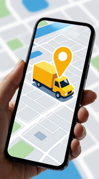 Female hand holds phone showing yellow delivery truck icon on map app. Truck navigation app displays logistic route and position. Service uses GPS for tracking.