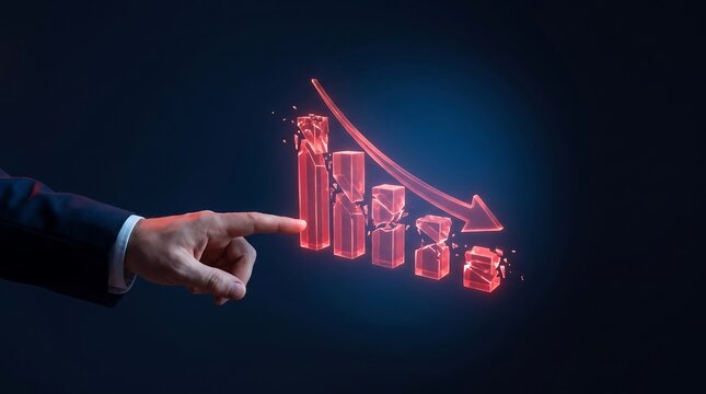 Red bar graph showing financial stock market crash with hand pointing