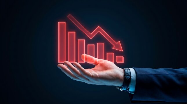Red bar graph crash with downward arrow on businessman hand