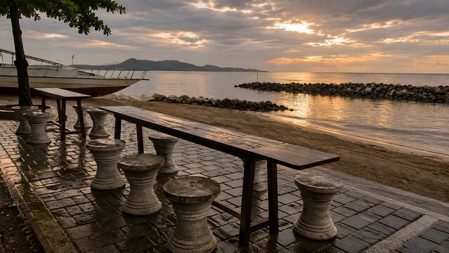 Empty wooden bench table facing calm ocean shoreline during sunset golden hour

