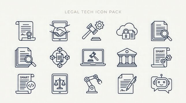 Legal technology icon pack with various law symbols