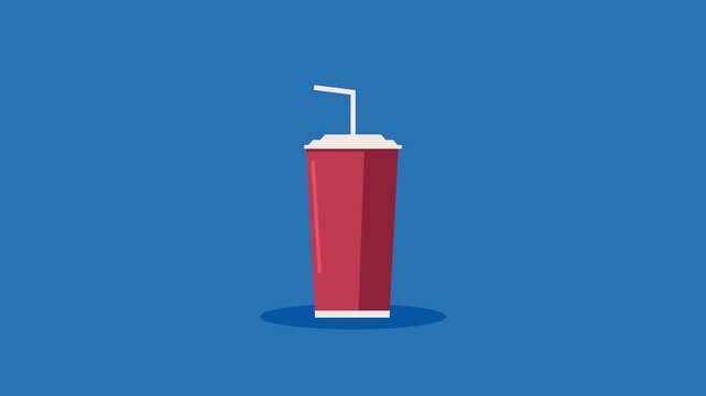 Animated red paper cup with straw for soda and drinks, isolated on blue background, motion graphic.