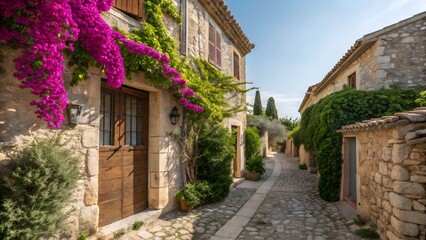 Fototapeta premium Narrow cobblestone street in a historic Mediterranean village with blooming bougainvillea.