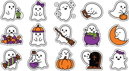 Fototapeta premium Cute kawaii ghost stickers set with pumpkins halloween elements