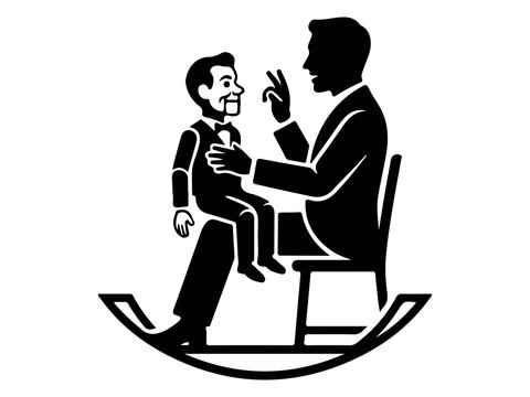 Ventriloquist and Dummy Vector, Performer with Rocking Chair Ventriloism Graphic