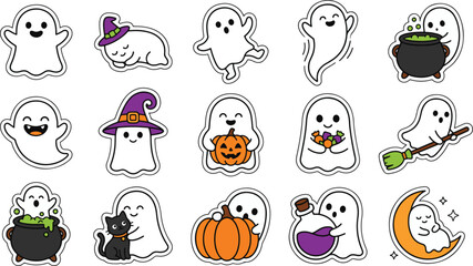 Fototapeta premium Cute halloween cartoon ghost sticker collection set vector illustration