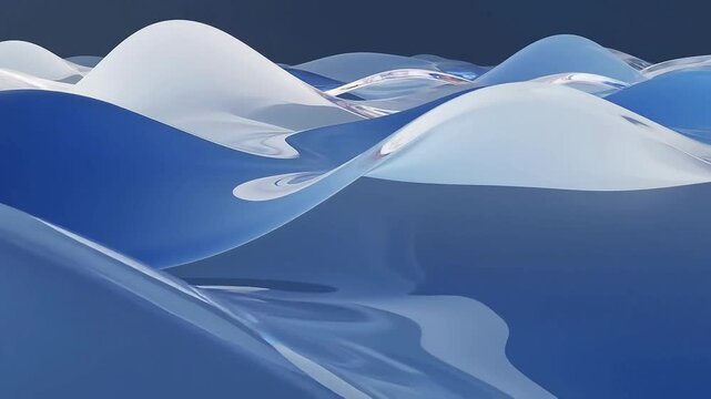 The gloss minimalist fluid 3D abstract background video with white to blue gradient waves, iridescent glass texture, smooth flowing depth, soft luminous glow