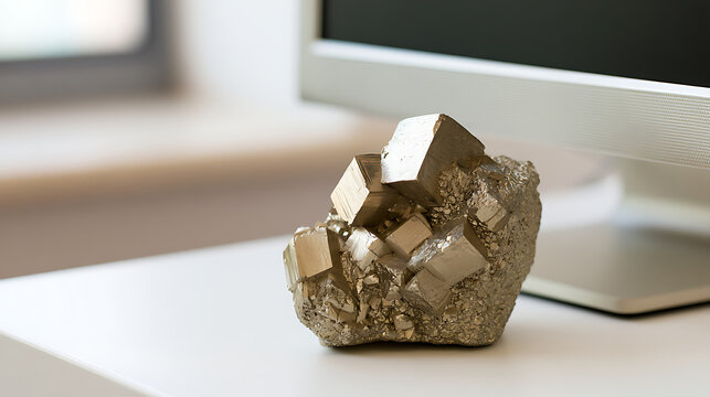 Natural pyrite crystal cluster, known as fool's gold, resting on a clean white office desk next to a computer monitor for a work space