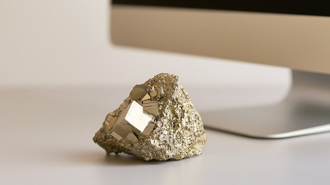 A sparkling specimen of iron pyrite or fool gold mineral sample rest on clean white office desk surface close to computer monitor display
