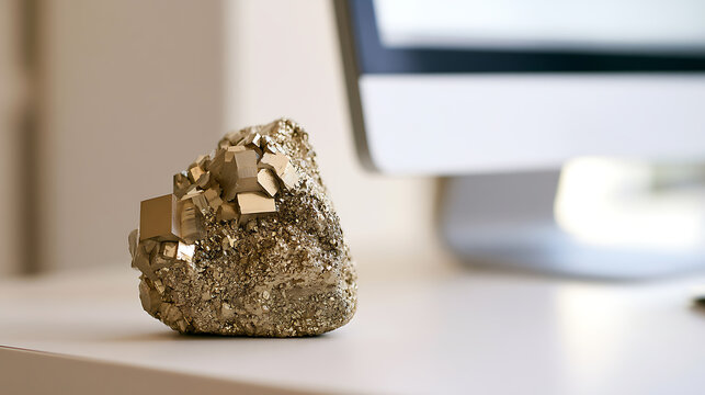 Pyrite mineral specimen, also known as fool gold, resting on a clean white desk surface with a computer monitor blur in background view