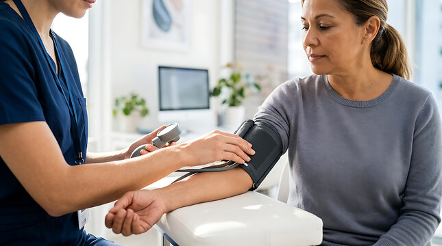Medical checkup scene showing healthcare professional measuring blood pressure of female patient in clinical setting