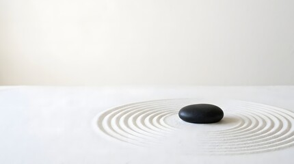 Naklejka premium Single black stone resting in a minimalist zen garden with circular raked sand patterns.