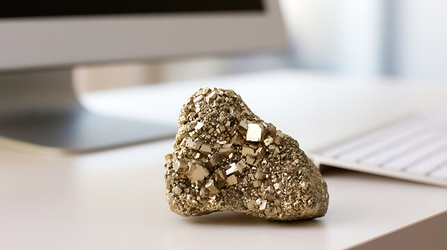 Sparkling pyrite mineral specimen, also known as fool gold, resting on a clean office desk with computer setup for modern workplace decor