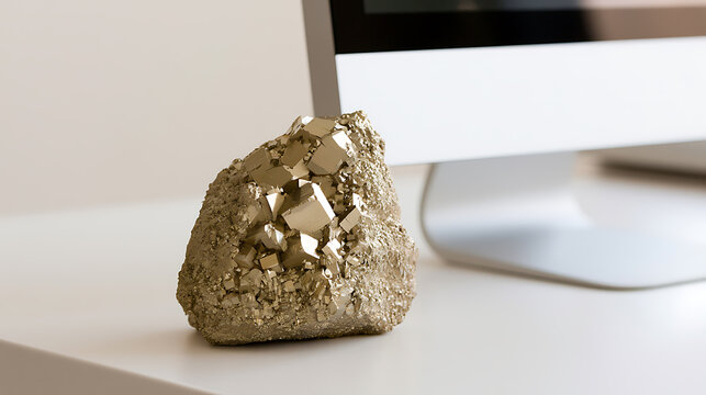 Natural pyrite crystal cluster or fool gold mineral sample on a clean white desk next to a modern computer monitor in an office space