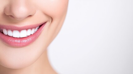 Obraz premium Partial portrait of a smiling woman on a clean white background, healthy teeth, dental care, beauty, oral hygiene, confidence, copy space