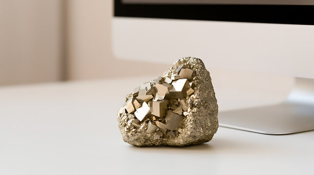 A sparkling cluster of pyrite crystal, also known as fool gold, resting on a clean modern office desk next to computer monitor in room