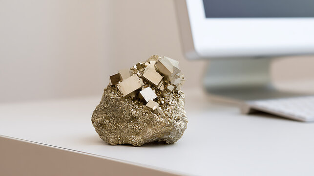 Pyrite mineral crystal cluster, also known as fool gold, resting on a white office desk next to computer hardware equipment interior setup