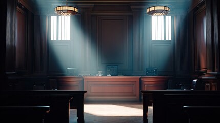 Obraz premium Dark courtroom interior with wooden benches and dramatic beams of light, legal institution, justice, formal authority, empty judicial hall