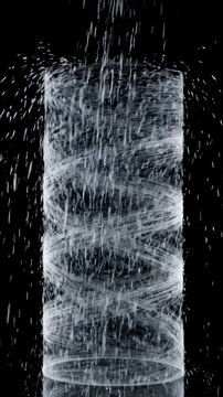 Abstract Water Fountain Flowing in a Cylindrical Spiral Pattern Against a Black Background
