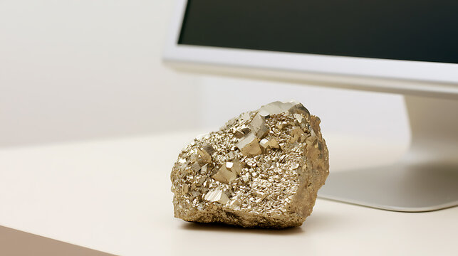 A sparkling specimen of iron pyrite or fool gold mineral cluster placed neatly on an office desk next to modern computer display hardware