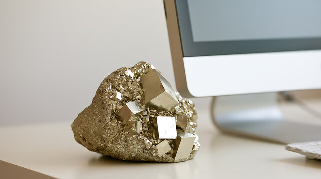 Natural pyrite crystal mineral cluster, also known as fool gold, sitting on a modern office desk next to a computer screen in workspace