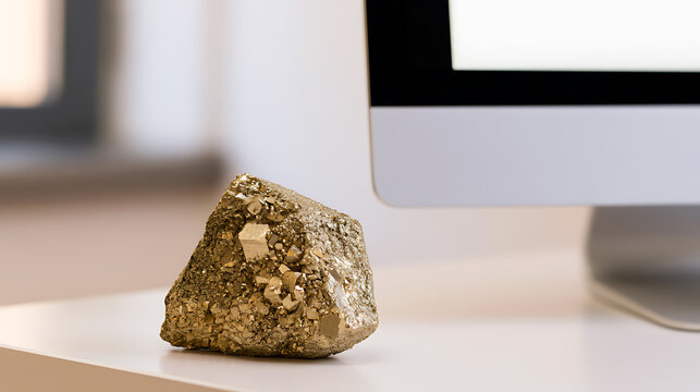A shiny piece of pyrite crystal mineral, also known as fool gold, sitting on a white desk next to a computer monitor in a bright office