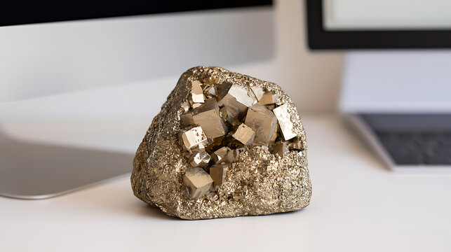 A shiny pyrite crystal cluster, also known as fool's gold, displayed as a decorative paperweight on a modern office desk background