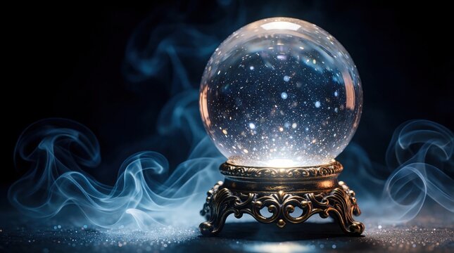 Glowing crystal ball sits on ornate stand surrounded by mystical blue smoke and sparkling dust. Future prediction orb reveals starry galaxy within, hinting at magic and destiny.