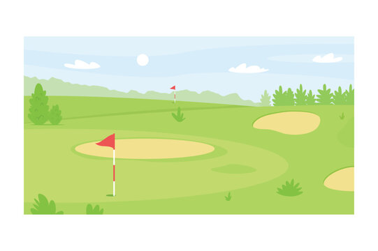 Cartoon golf course landscape with green grass, sand bunkers, and red flags, sunny day with blue sky and white clouds, flat