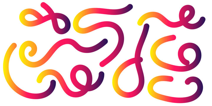 Simple Gradient Colorful Swirl Lines Set Composition. Love Vector Symbols 3D Set. Abstract Squiggly Heart Illustrations for Valentine's Day. Funky grunge graffiti thick squiggles, doodle lines for str